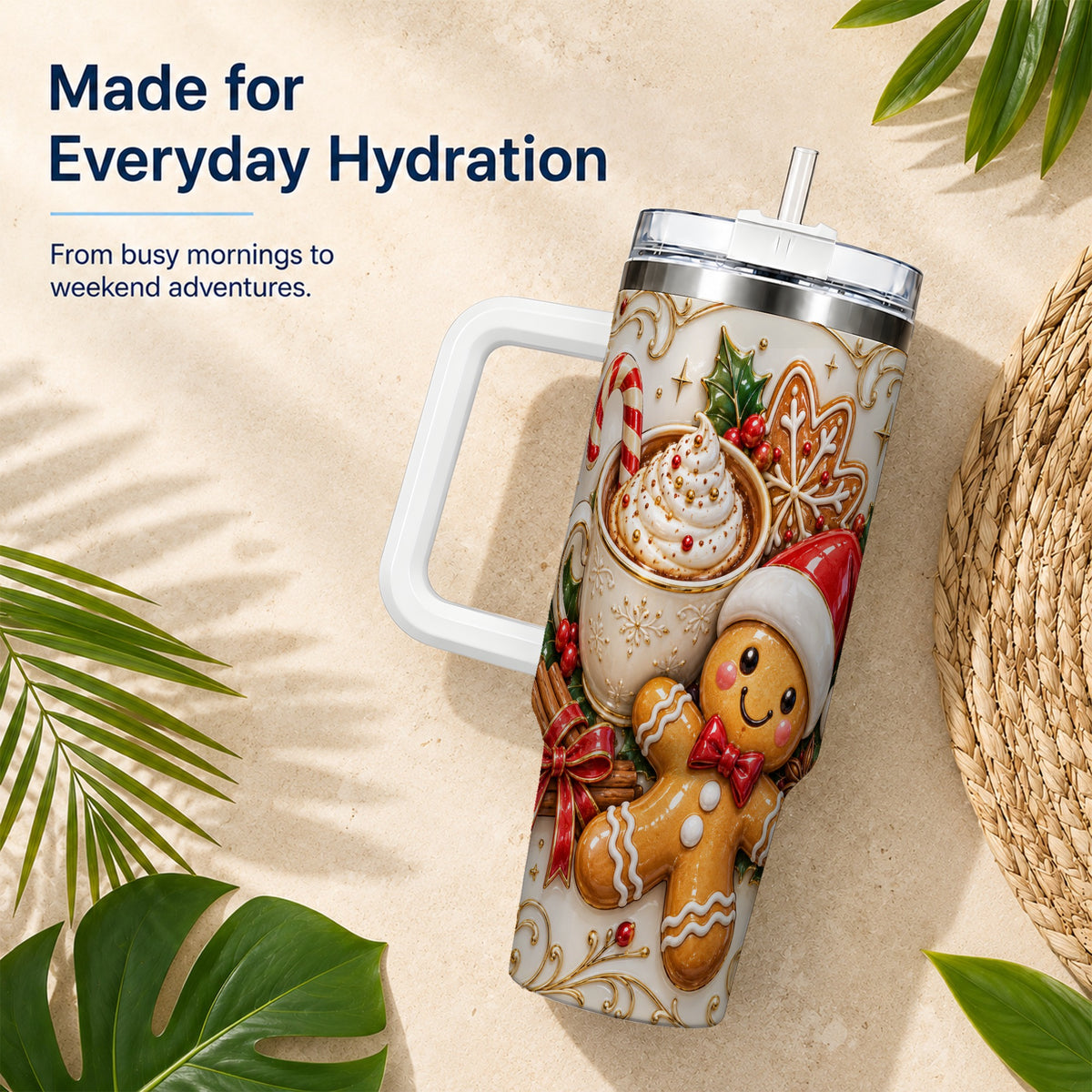 Gingerbread Cocoa 40oz Tumbler with Handle, Christmas Travel Cup