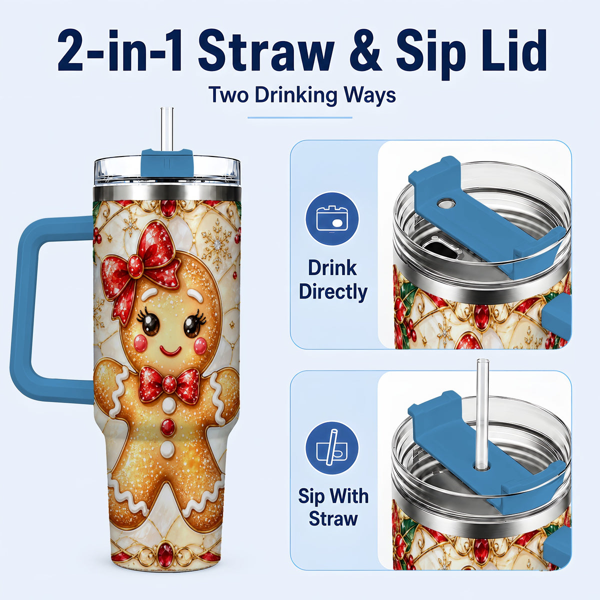 #pl[40oz|Blue] Gingerbread Girl 40oz Tumbler with Handle, Christmas Travel Cup