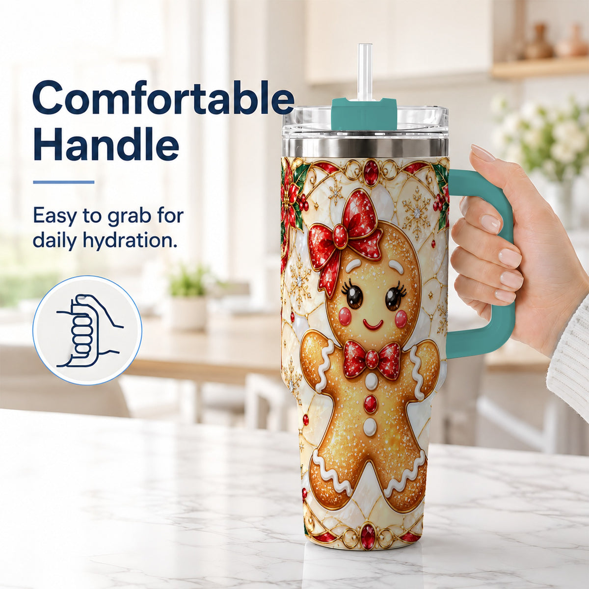 #pl[40oz|Green] Gingerbread Girl 40oz Tumbler with Handle, Christmas Travel Cup