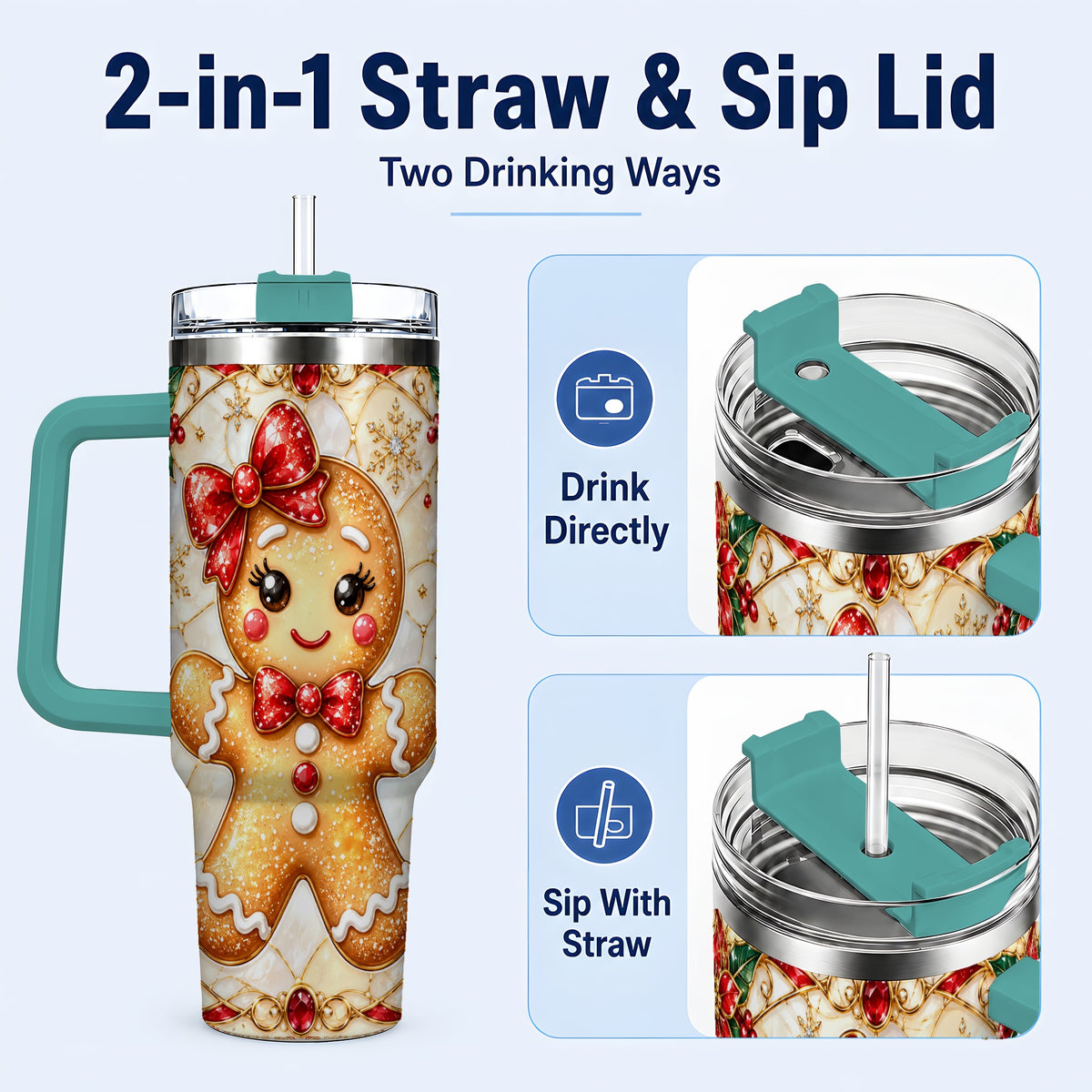 #pl[40oz|Green] Gingerbread Girl 40oz Tumbler with Handle, Christmas Travel Cup