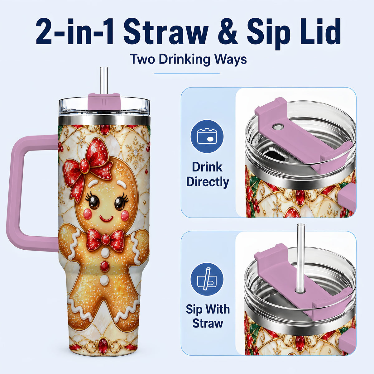 #pl[40oz|Pink] Gingerbread Girl 40oz Tumbler with Handle, Christmas Travel Cup
