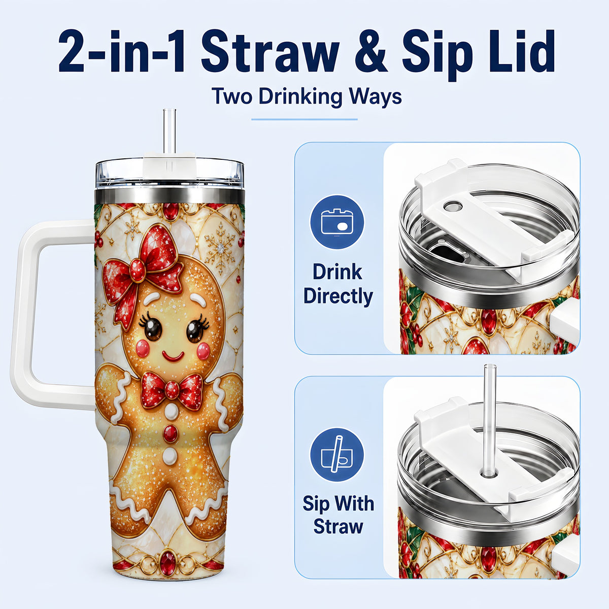 #pl[40oz|White] Gingerbread Girl 40oz Tumbler with Handle, Christmas Travel Cup