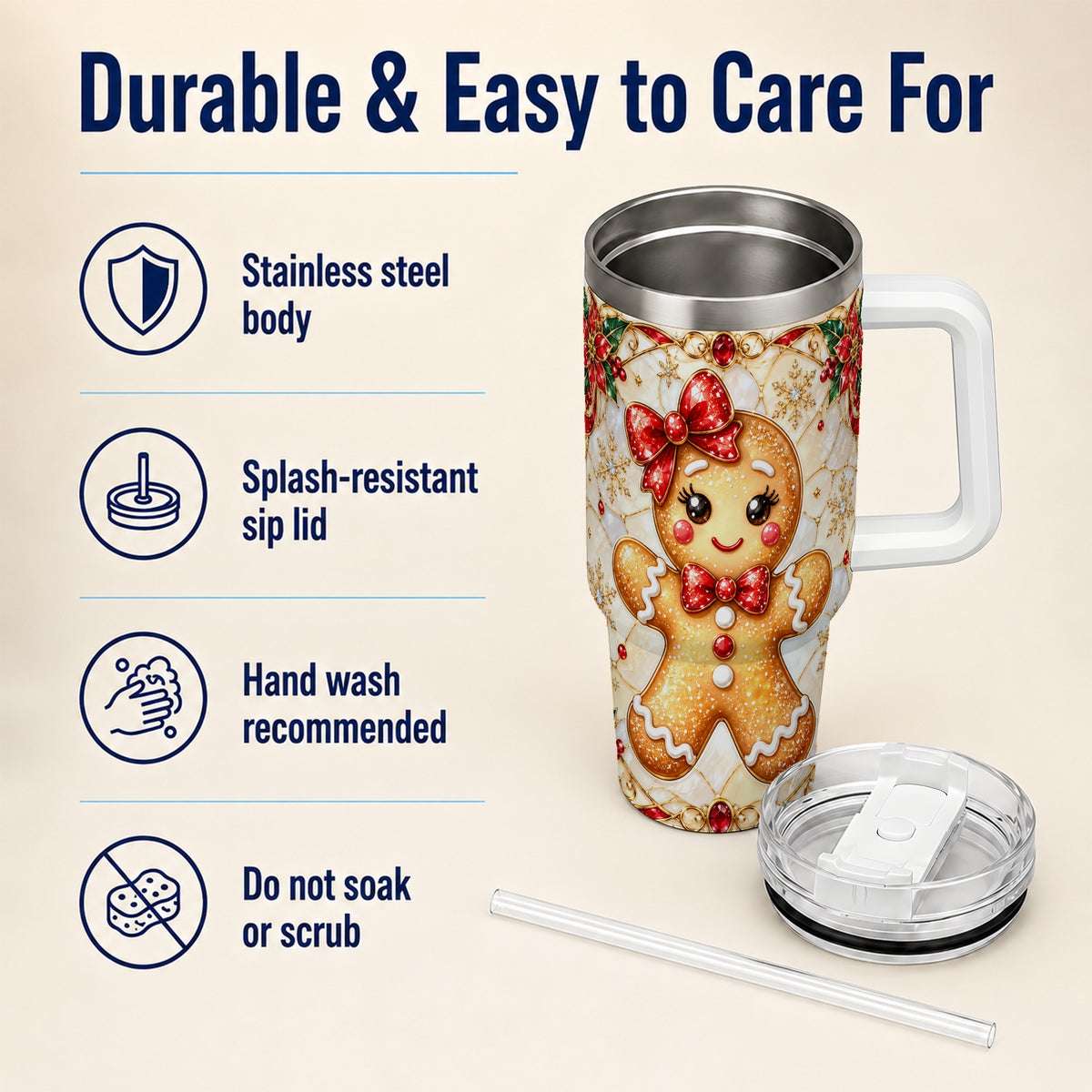 Gingerbread Girl 40oz Tumbler with Handle, Christmas Travel Cup