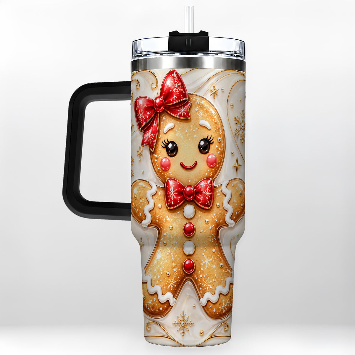 #pl[40oz|Black] Gingerbread Girl 40oz Tumbler with Handle, Gold Holiday Travel Cup