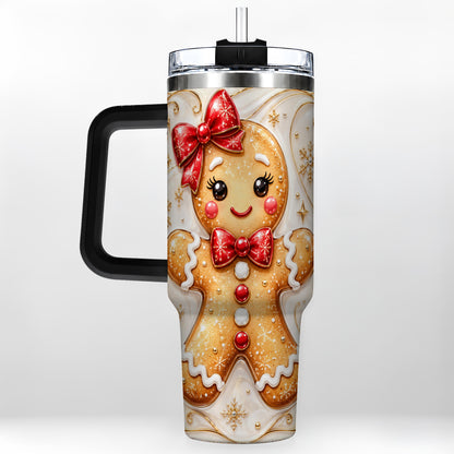 #pl[40oz|Black] Gingerbread Girl 40oz Tumbler with Handle, Gold Holiday Travel Cup