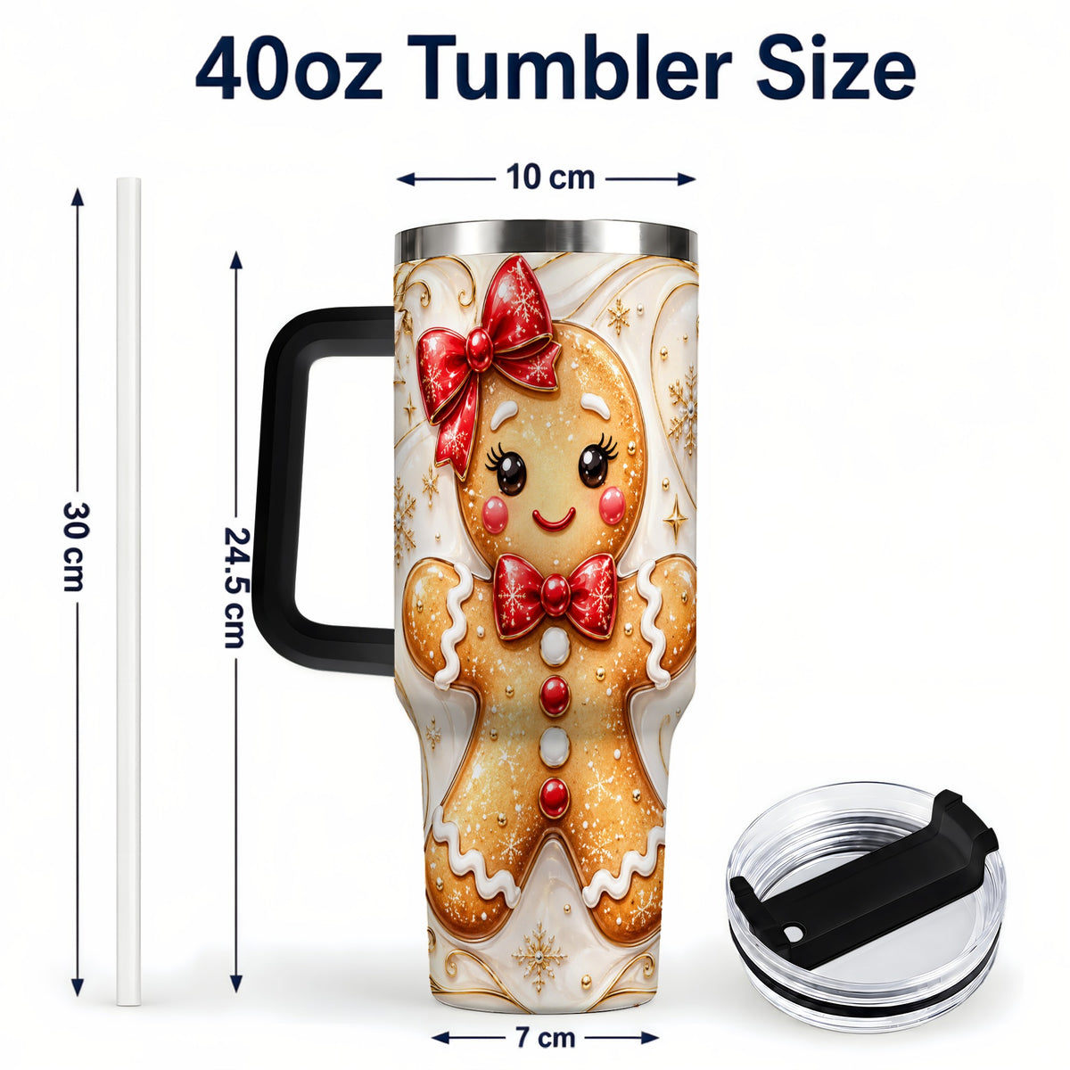 #pl[40oz|Black] Gingerbread Girl 40oz Tumbler with Handle, Gold Holiday Travel Cup