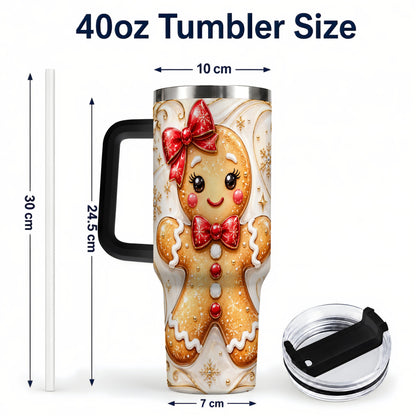 #pl[40oz|Black] Gingerbread Girl 40oz Tumbler with Handle, Gold Holiday Travel Cup