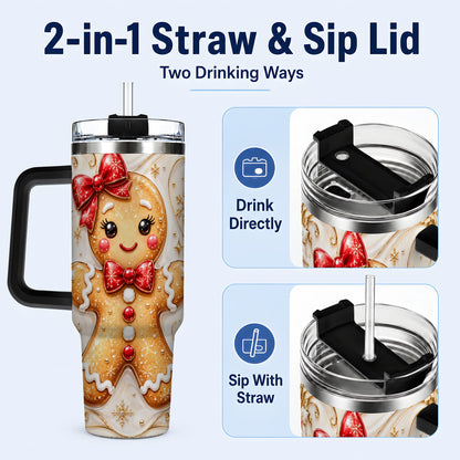 #pl[40oz|Black] Gingerbread Girl 40oz Tumbler with Handle, Gold Holiday Travel Cup