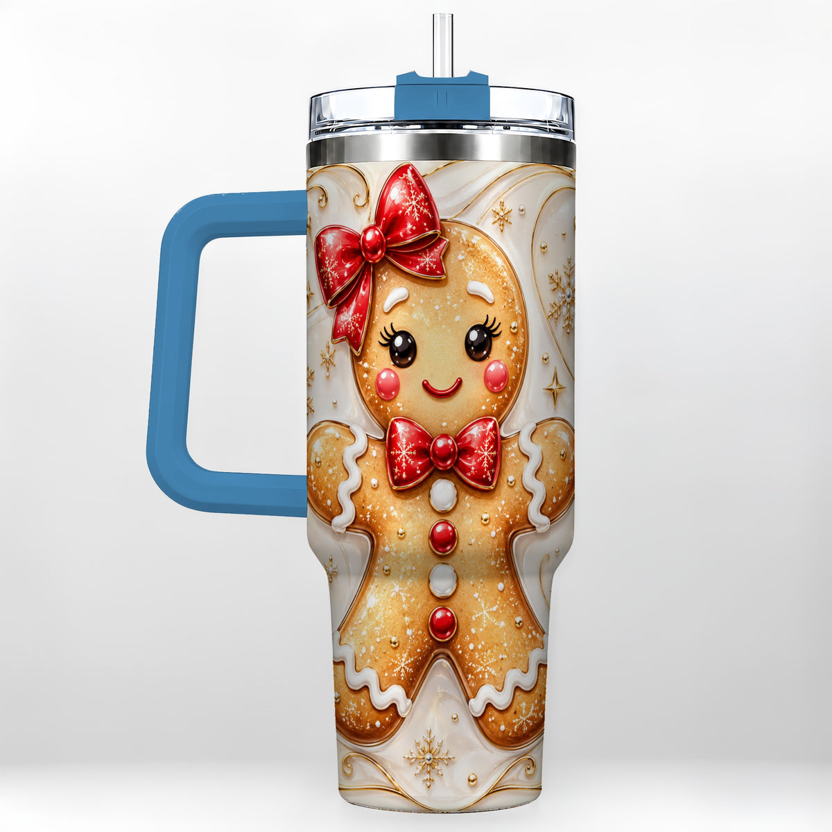 #pl[40oz|Blue] Gingerbread Girl 40oz Tumbler with Handle, Gold Holiday Travel Cup