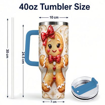 #pl[40oz|Blue] Gingerbread Girl 40oz Tumbler with Handle, Gold Holiday Travel Cup