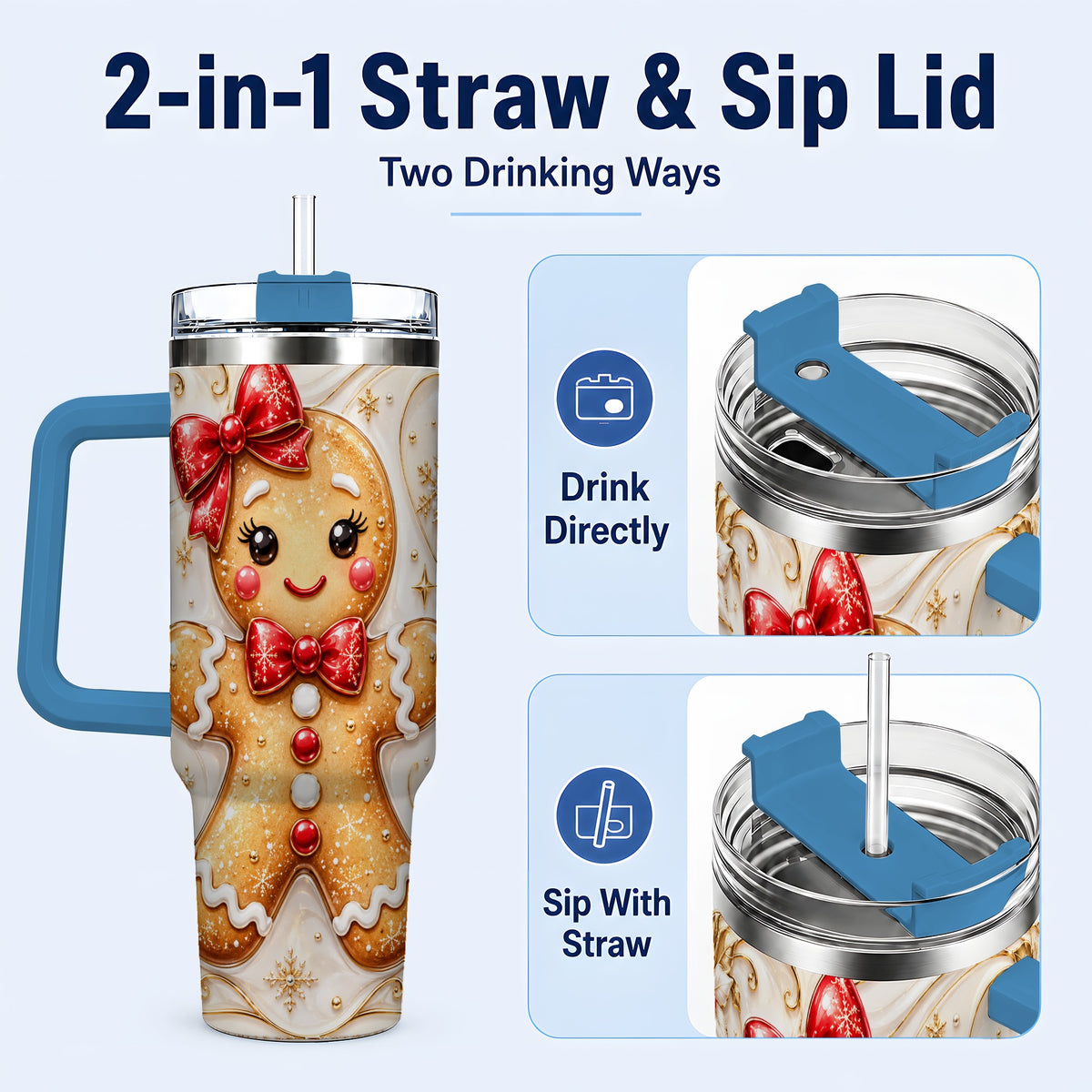 #pl[40oz|Blue] Gingerbread Girl 40oz Tumbler with Handle, Gold Holiday Travel Cup