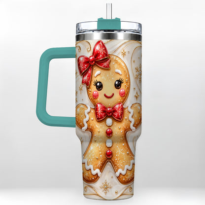 #pl[40oz|Green] Gingerbread Girl 40oz Tumbler with Handle, Gold Holiday Travel Cup