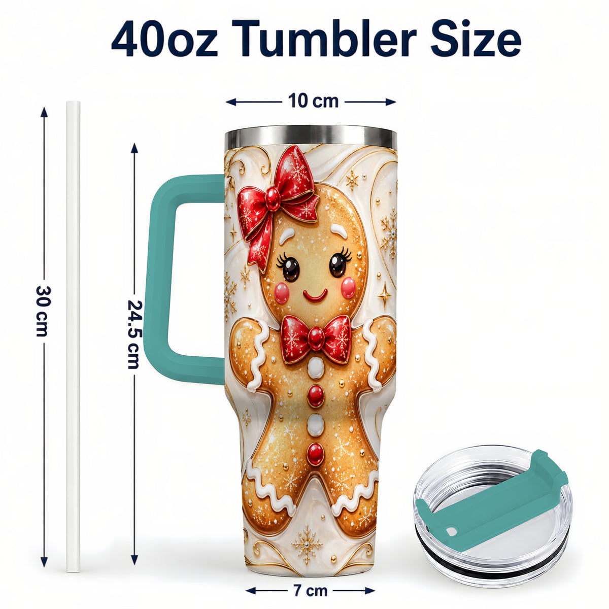 #pl[40oz|Green] Gingerbread Girl 40oz Tumbler with Handle, Gold Holiday Travel Cup