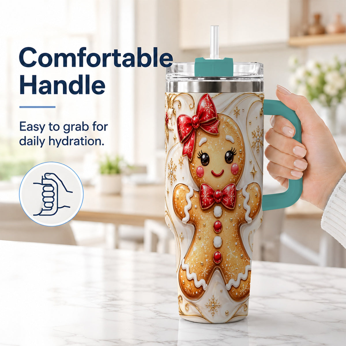 #pl[40oz|Green] Gingerbread Girl 40oz Tumbler with Handle, Gold Holiday Travel Cup