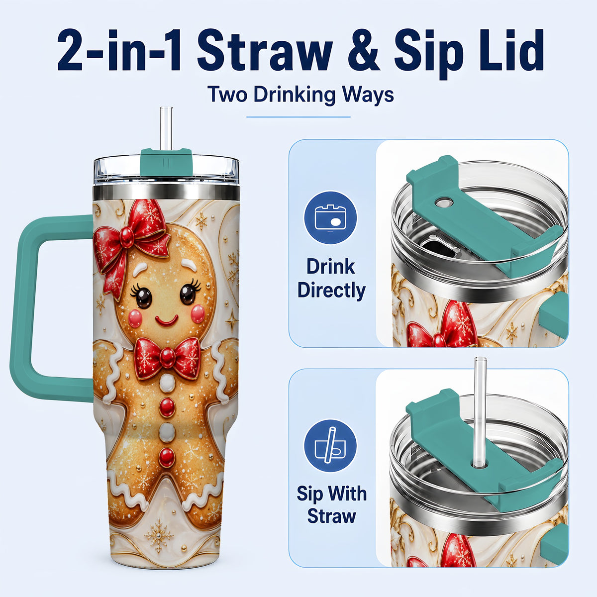 #pl[40oz|Green] Gingerbread Girl 40oz Tumbler with Handle, Gold Holiday Travel Cup