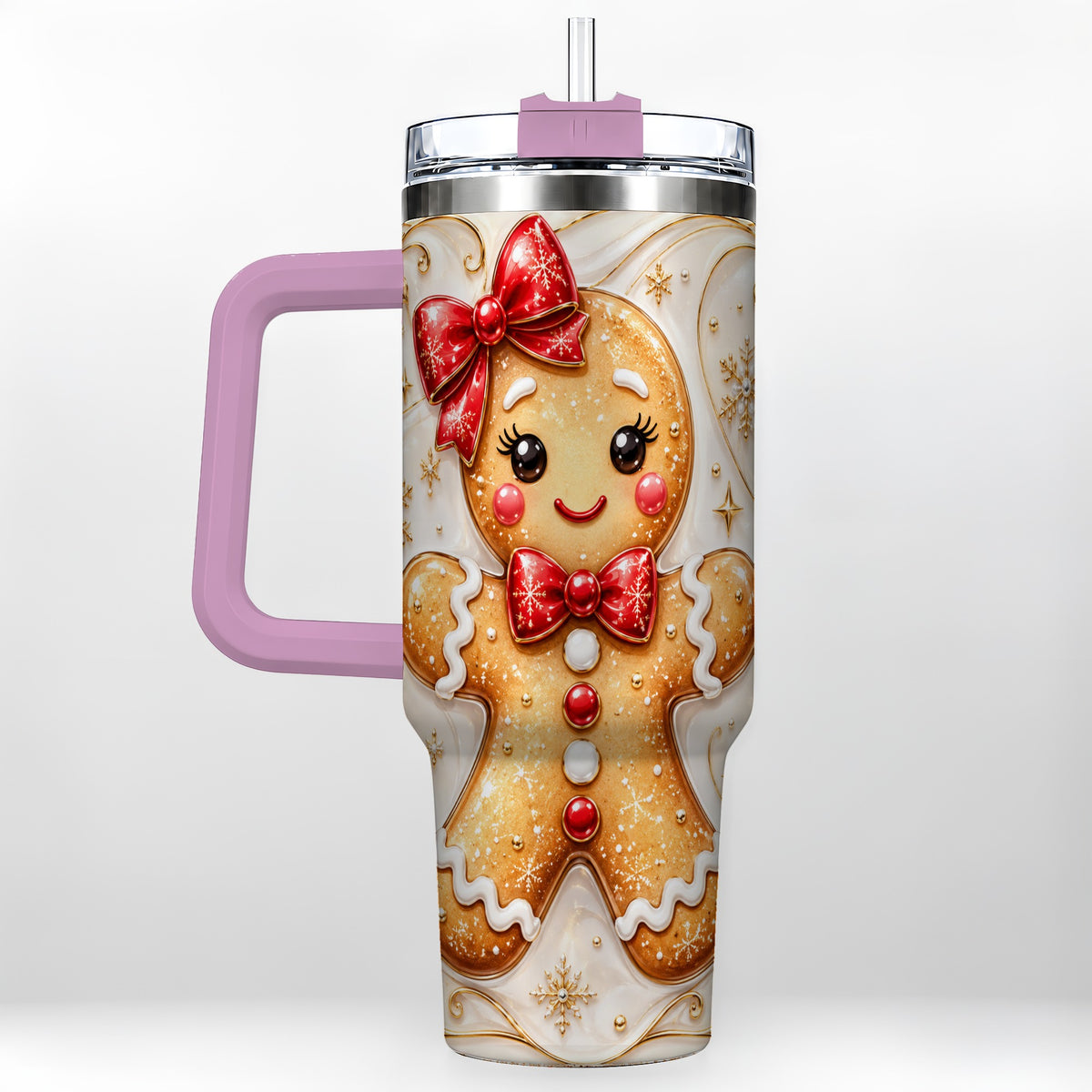 #pl[40oz|Pink] Gingerbread Girl 40oz Tumbler with Handle, Gold Holiday Travel Cup