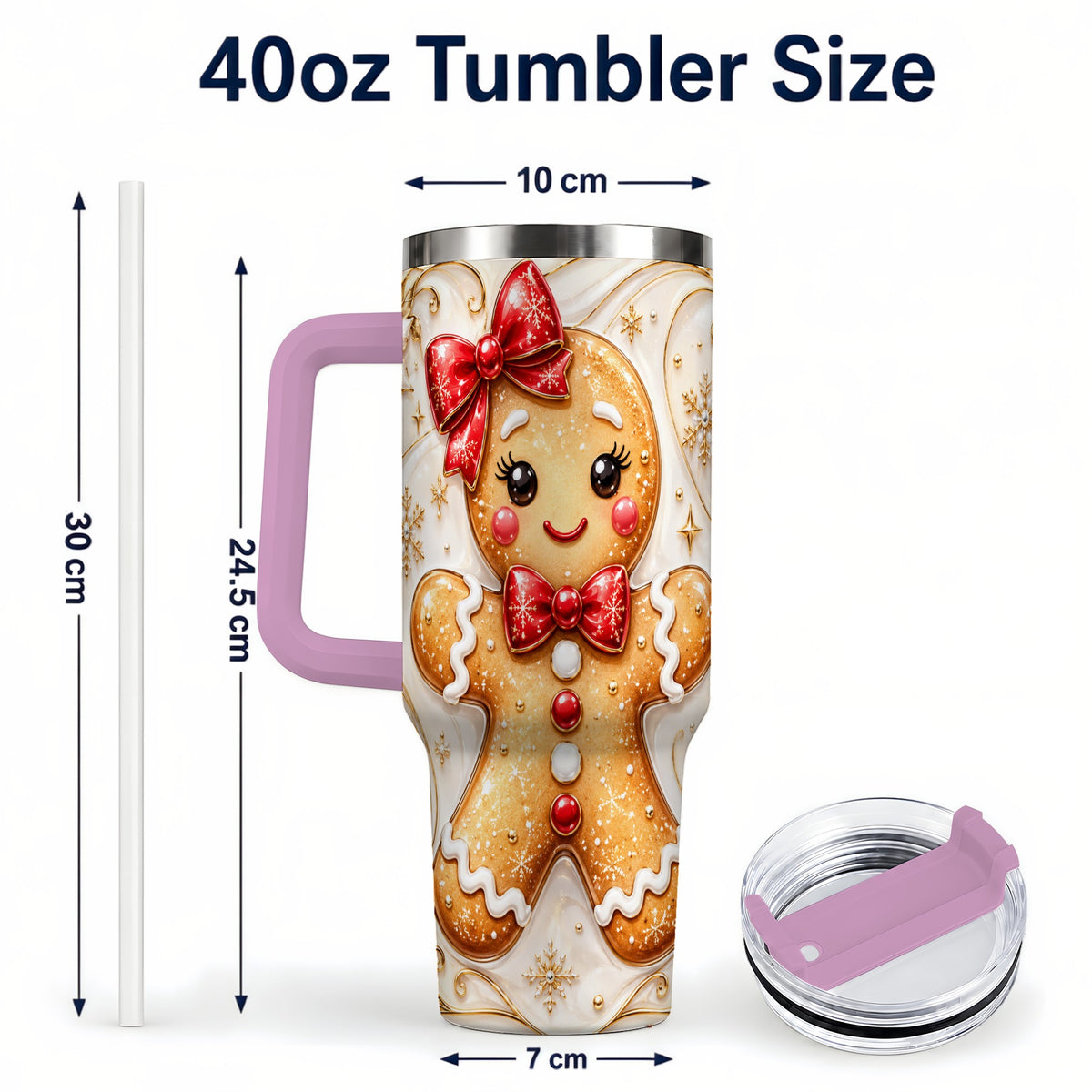 #pl[40oz|Pink] Gingerbread Girl 40oz Tumbler with Handle, Gold Holiday Travel Cup