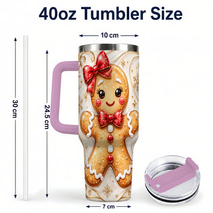 #pl[40oz|Pink] Gingerbread Girl 40oz Tumbler with Handle, Gold Holiday Travel Cup