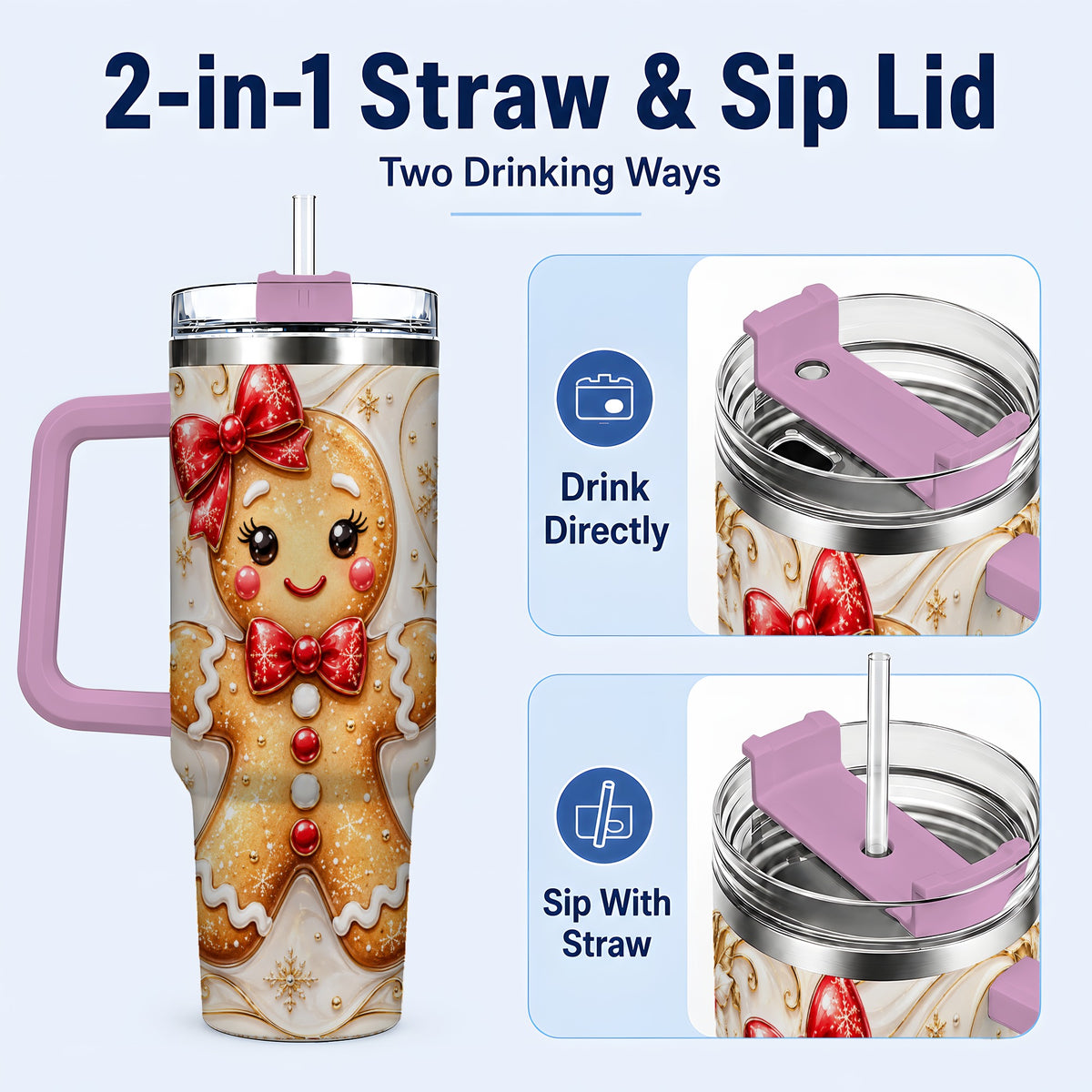 #pl[40oz|Pink] Gingerbread Girl 40oz Tumbler with Handle, Gold Holiday Travel Cup