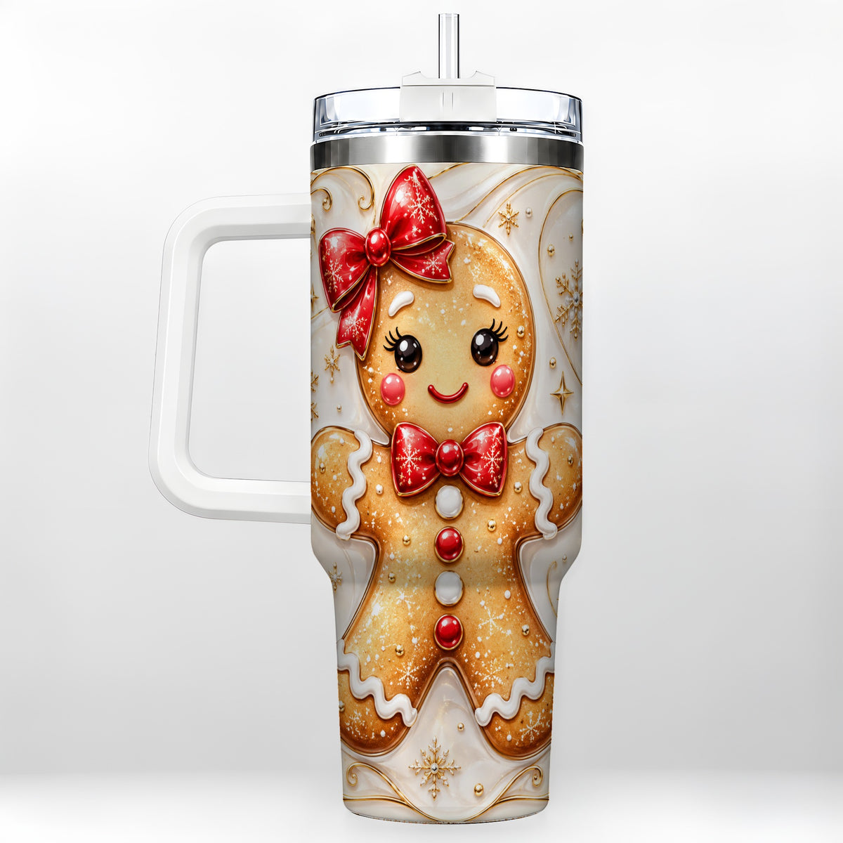 Gingerbread Girl 40oz Tumbler with Handle, Gold Holiday Travel Cup