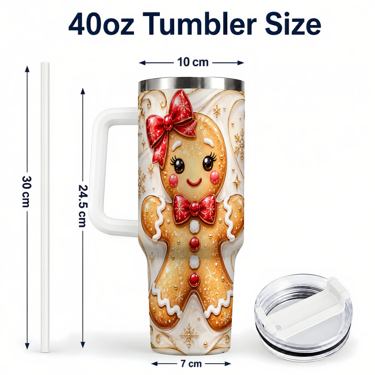 #pl[40oz|White] Gingerbread Girl 40oz Tumbler with Handle, Gold Holiday Travel Cup