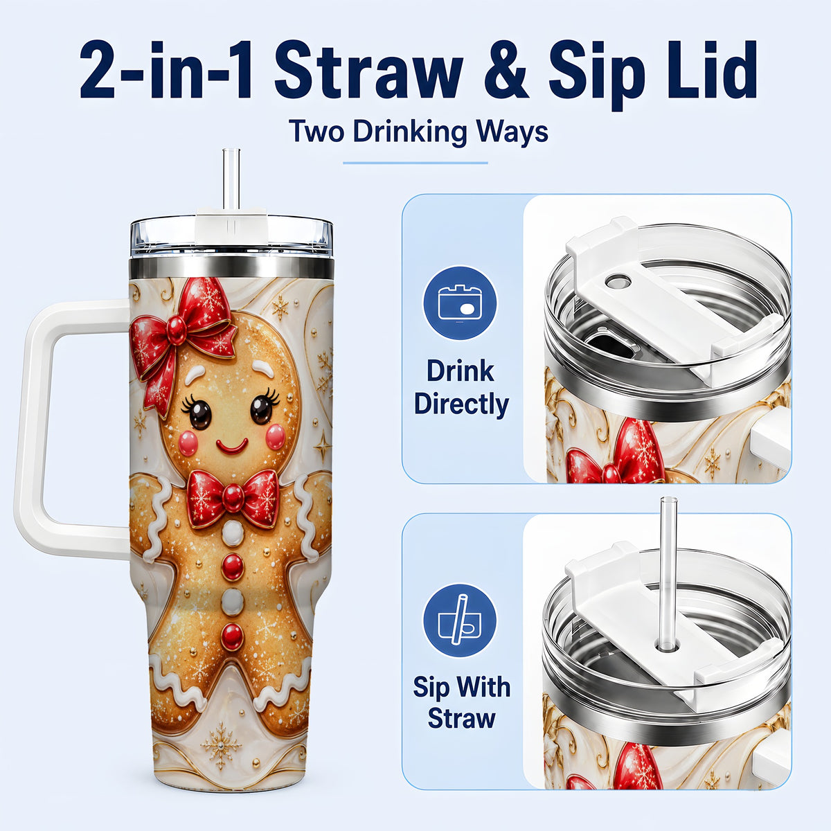 #pl[40oz|White] Gingerbread Girl 40oz Tumbler with Handle, Gold Holiday Travel Cup