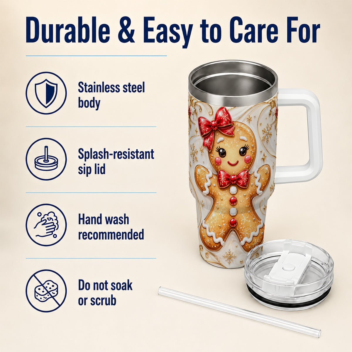 Gingerbread Girl 40oz Tumbler with Handle, Gold Holiday Travel Cup