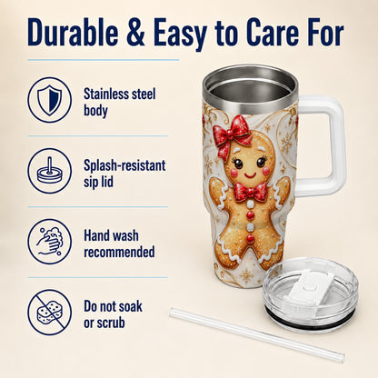 Gingerbread Girl 40oz Tumbler with Handle, Gold Holiday Travel Cup