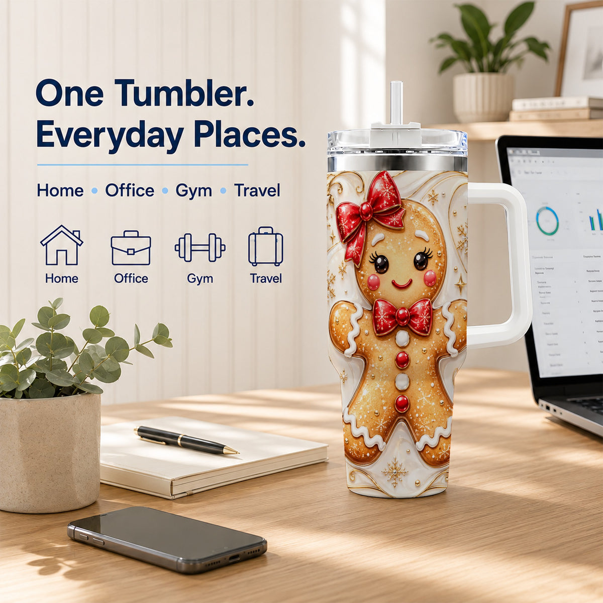 Gingerbread Girl 40oz Tumbler with Handle, Gold Holiday Travel Cup