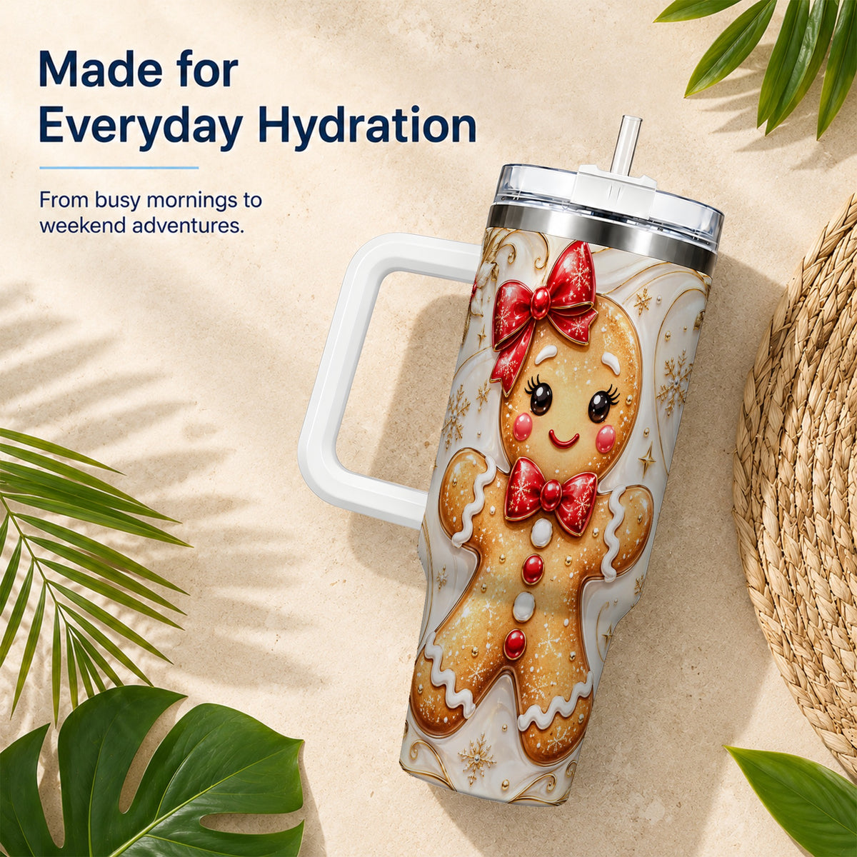 Gingerbread Girl 40oz Tumbler with Handle, Gold Holiday Travel Cup