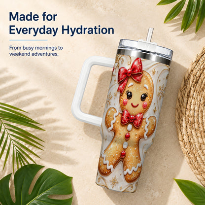 Gingerbread Girl 40oz Tumbler with Handle, Gold Holiday Travel Cup