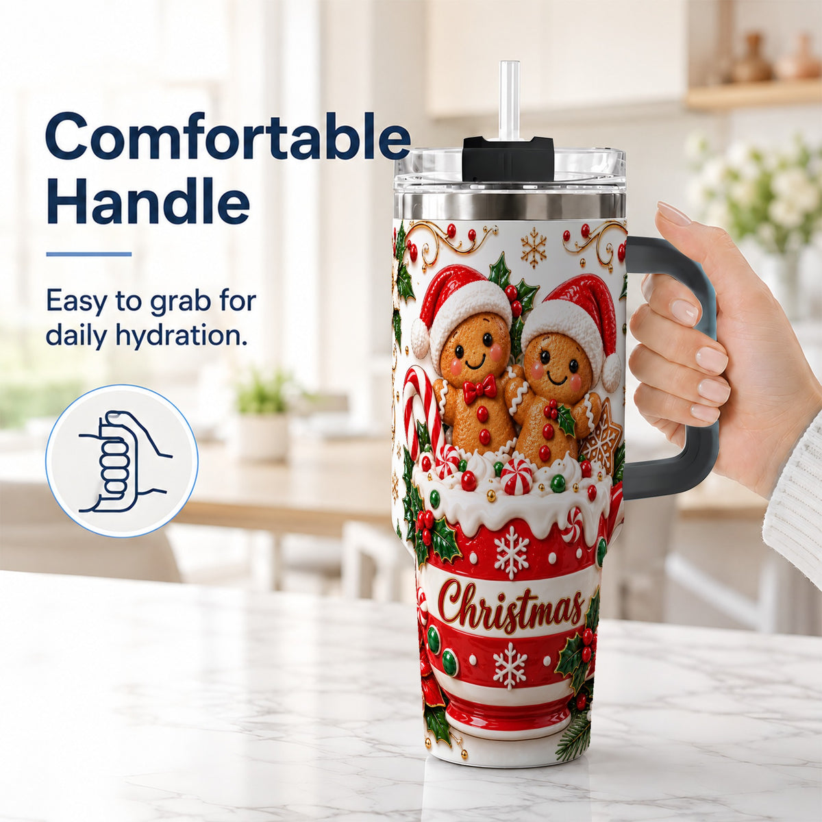 #pl[40oz|Black] Gingerbread Couple 40oz Tumbler with Handle, Christmas Travel Cup