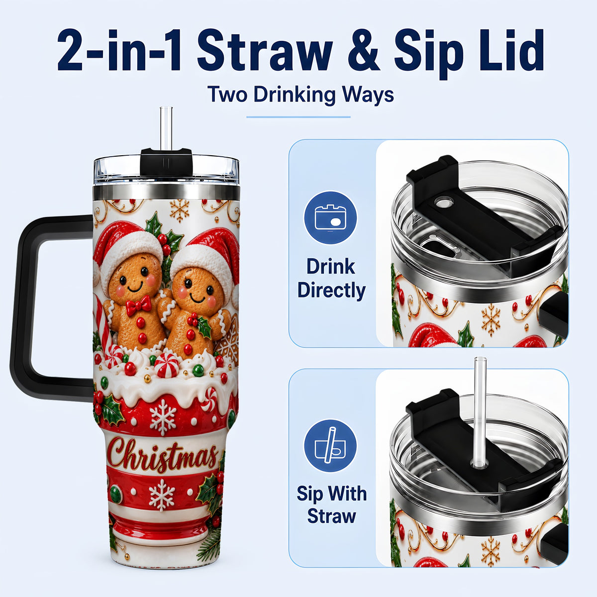 #pl[40oz|Black] Gingerbread Couple 40oz Tumbler with Handle, Christmas Travel Cup