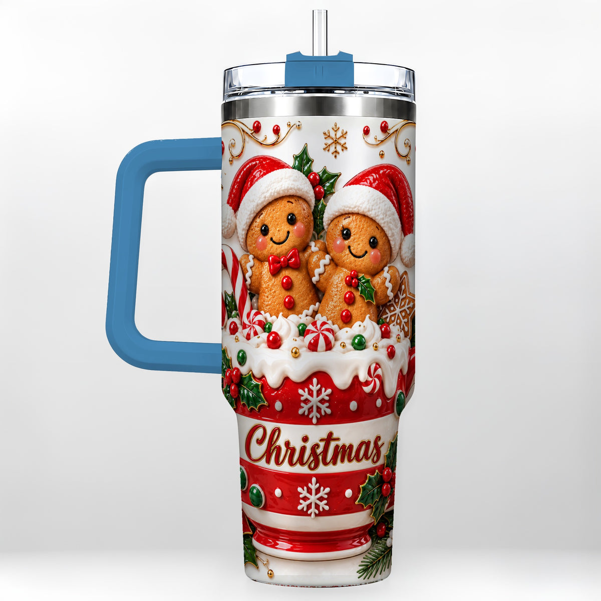 #pl[40oz|Blue] Gingerbread Couple 40oz Tumbler with Handle, Christmas Travel Cup
