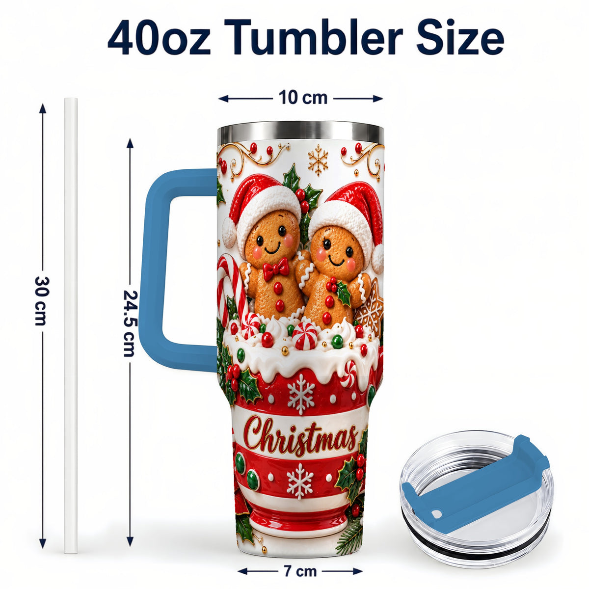 #pl[40oz|Blue] Gingerbread Couple 40oz Tumbler with Handle, Christmas Travel Cup