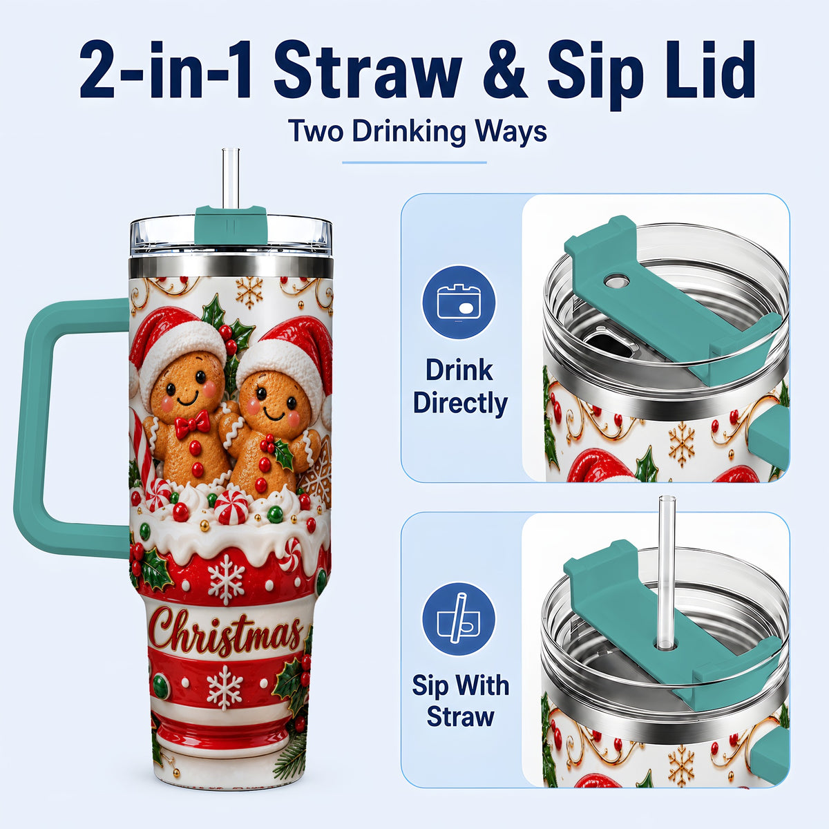 #pl[40oz|Green] Gingerbread Couple 40oz Tumbler with Handle, Christmas Travel Cup
