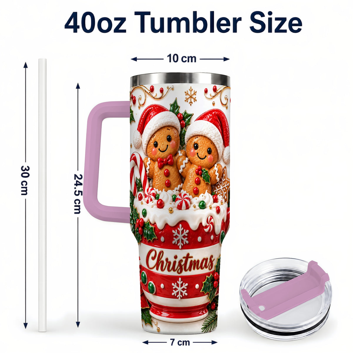 #pl[40oz|Pink] Gingerbread Couple 40oz Tumbler with Handle, Christmas Travel Cup