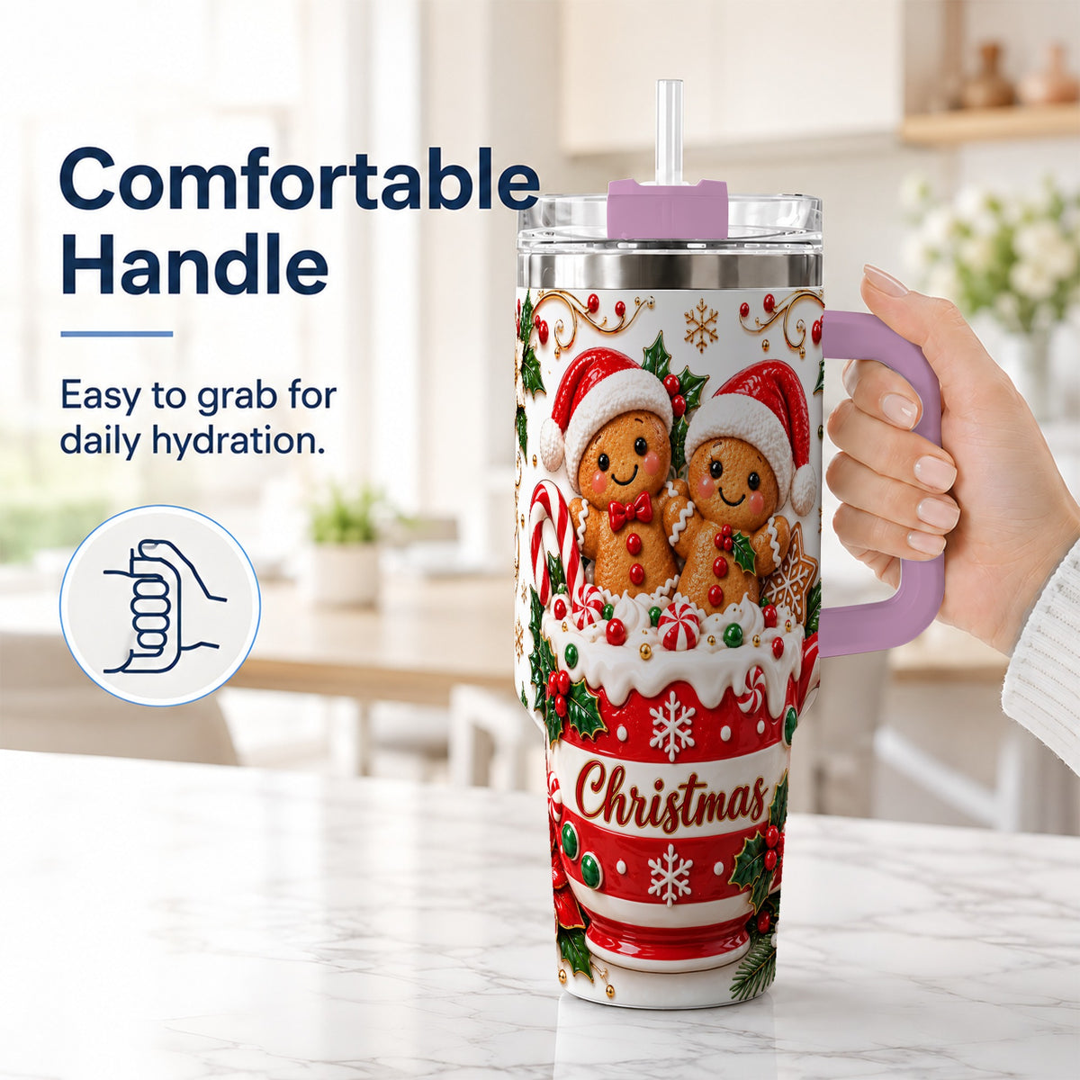 #pl[40oz|Pink] Gingerbread Couple 40oz Tumbler with Handle, Christmas Travel Cup