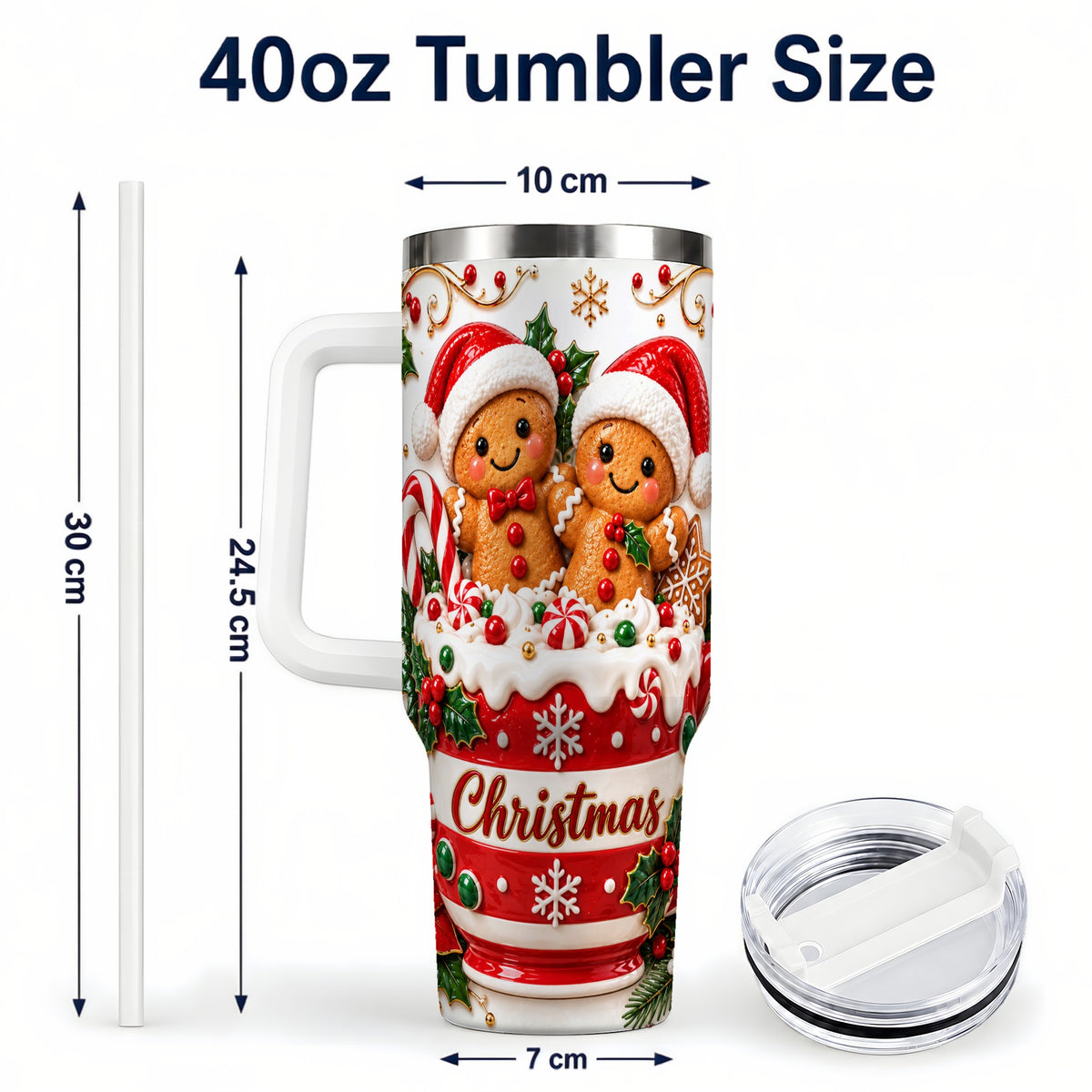 #pl[40oz|White] Gingerbread Couple 40oz Tumbler with Handle, Christmas Travel Cup