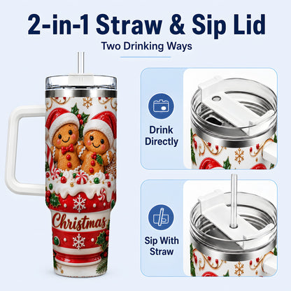 #pl[40oz|White] Gingerbread Couple 40oz Tumbler with Handle, Christmas Travel Cup