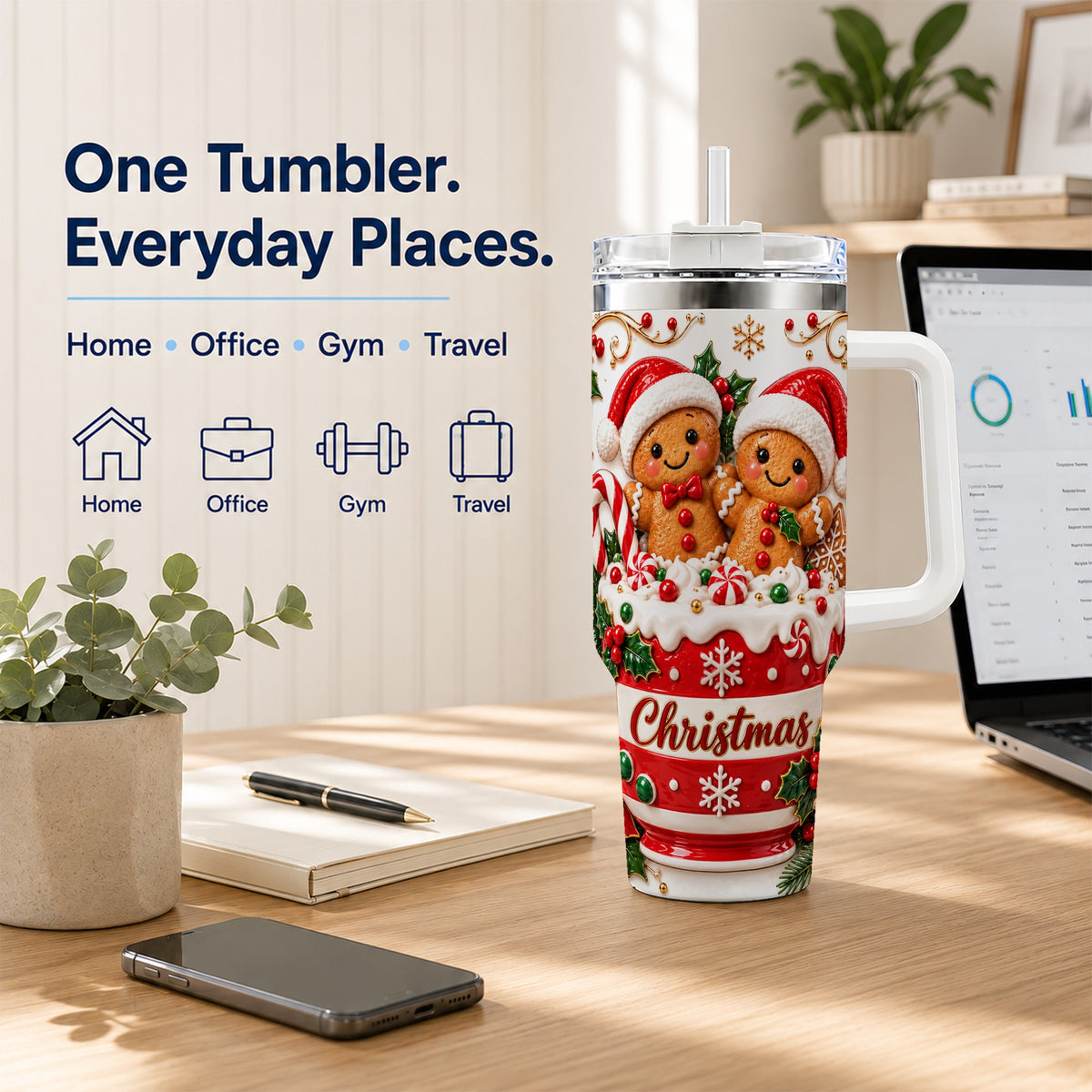 Gingerbread Couple 40oz Tumbler with Handle, Christmas Travel Cup