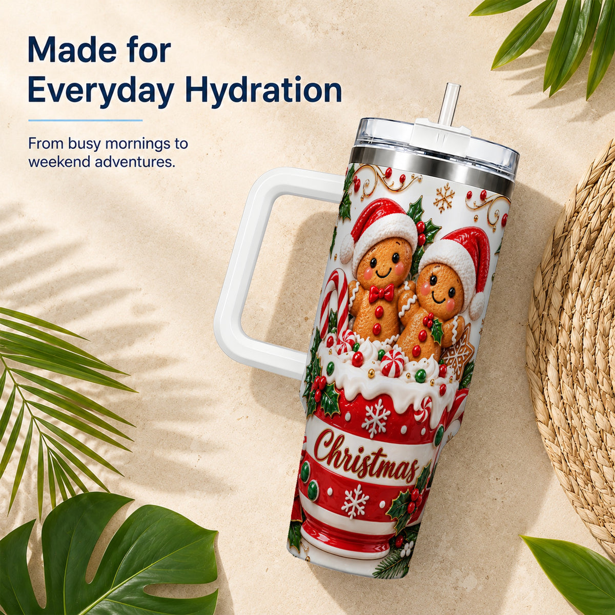 Gingerbread Couple 40oz Tumbler with Handle, Christmas Travel Cup