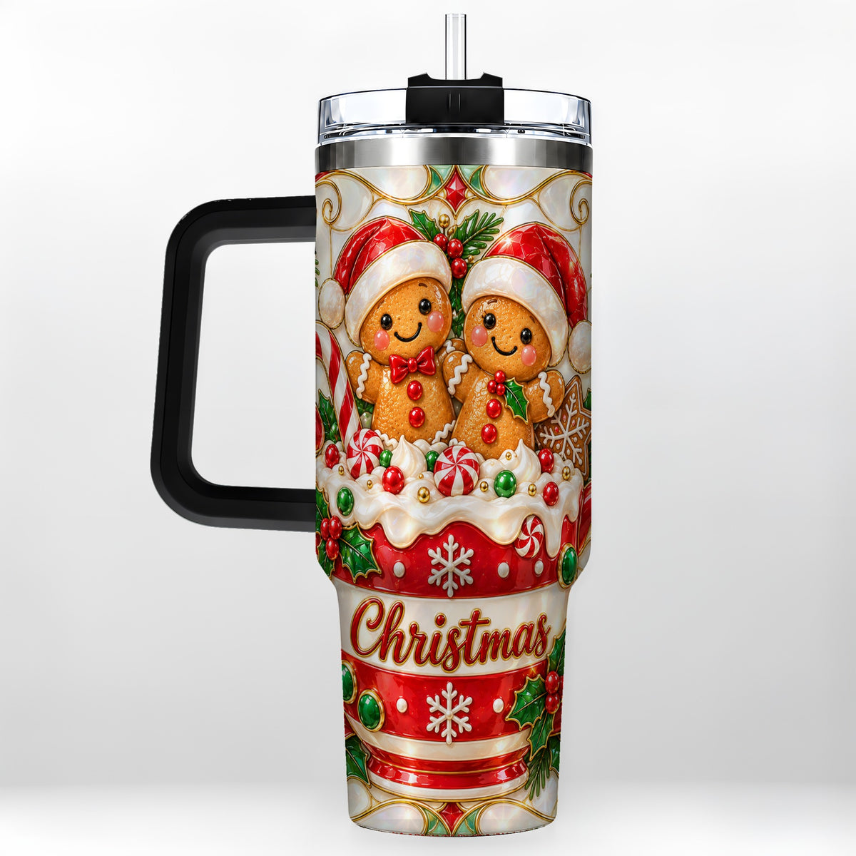#pl[40oz|Black] Gingerbread Couple 40oz Tumbler with Handle, Stained Glass Style Cup
