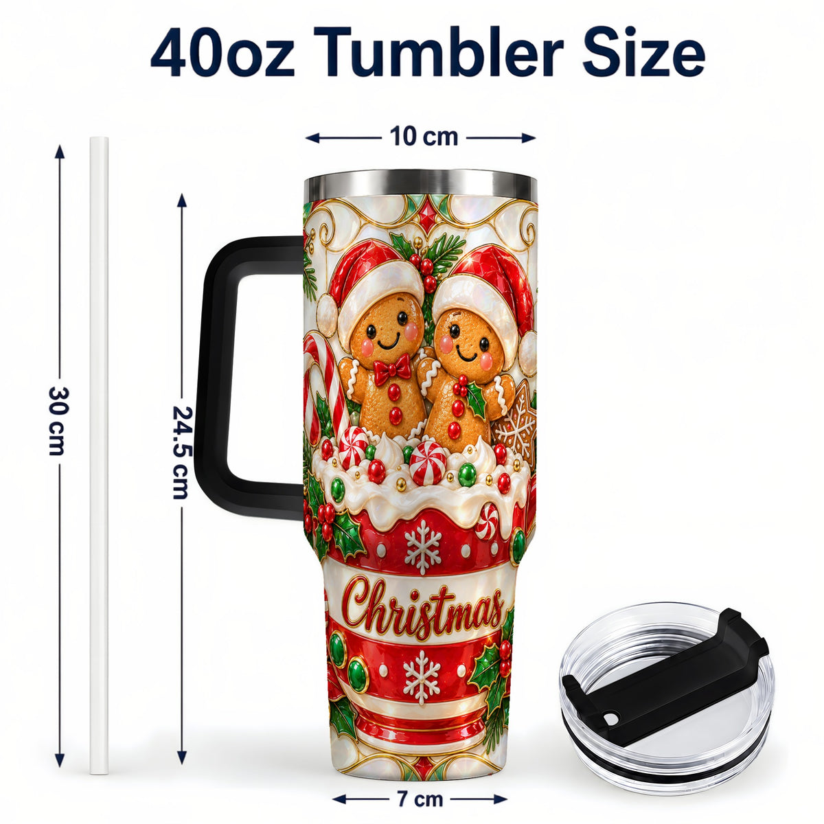 #pl[40oz|Black] Gingerbread Couple 40oz Tumbler with Handle, Stained Glass Style Cup