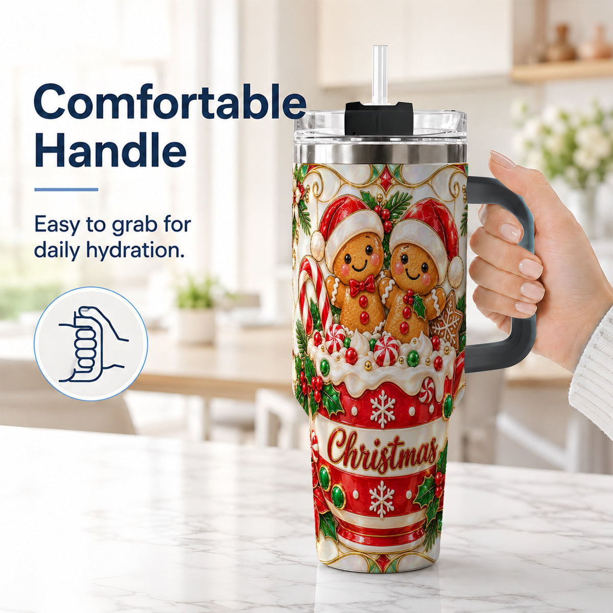 #pl[40oz|Black] Gingerbread Couple 40oz Tumbler with Handle, Stained Glass Style Cup