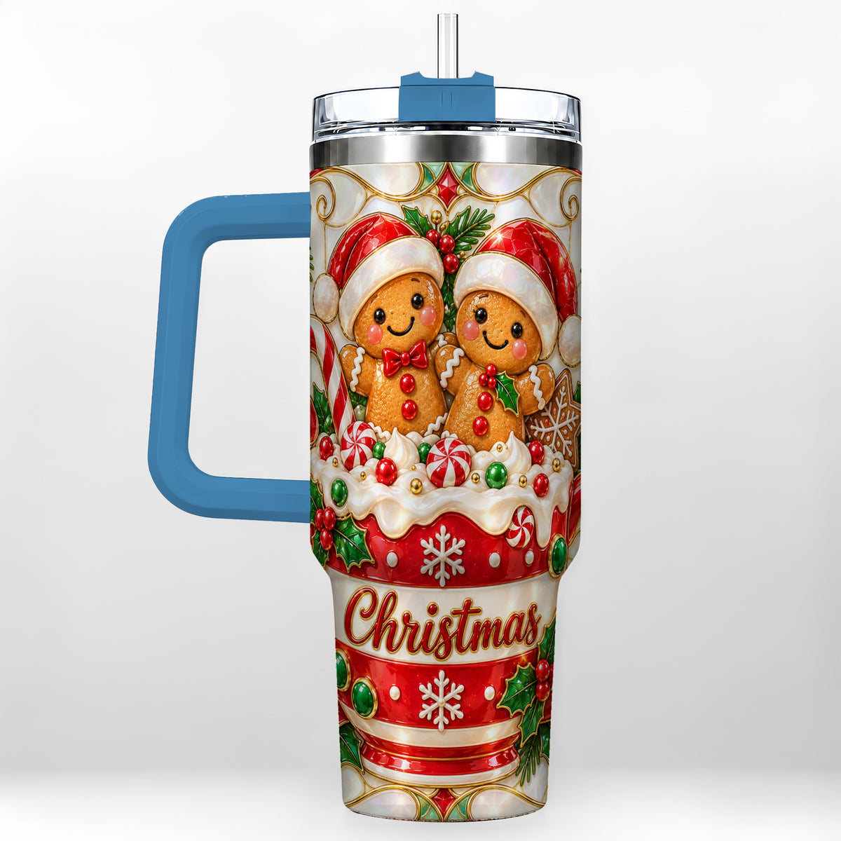 #pl[40oz|Blue] Gingerbread Couple 40oz Tumbler with Handle, Stained Glass Style Cup