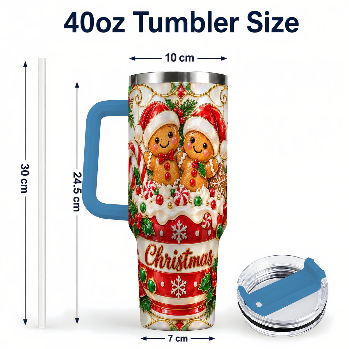 #pl[40oz|Blue] Gingerbread Couple 40oz Tumbler with Handle, Stained Glass Style Cup