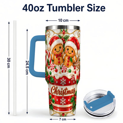 #pl[40oz|Blue] Gingerbread Couple 40oz Tumbler with Handle, Stained Glass Style Cup