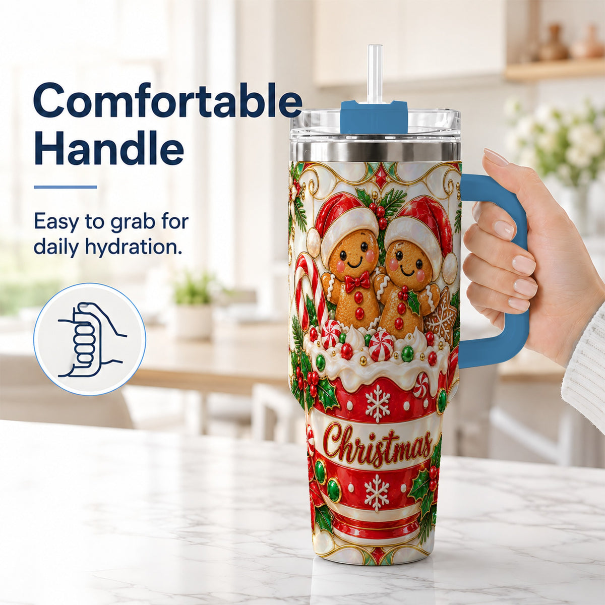#pl[40oz|Blue] Gingerbread Couple 40oz Tumbler with Handle, Stained Glass Style Cup