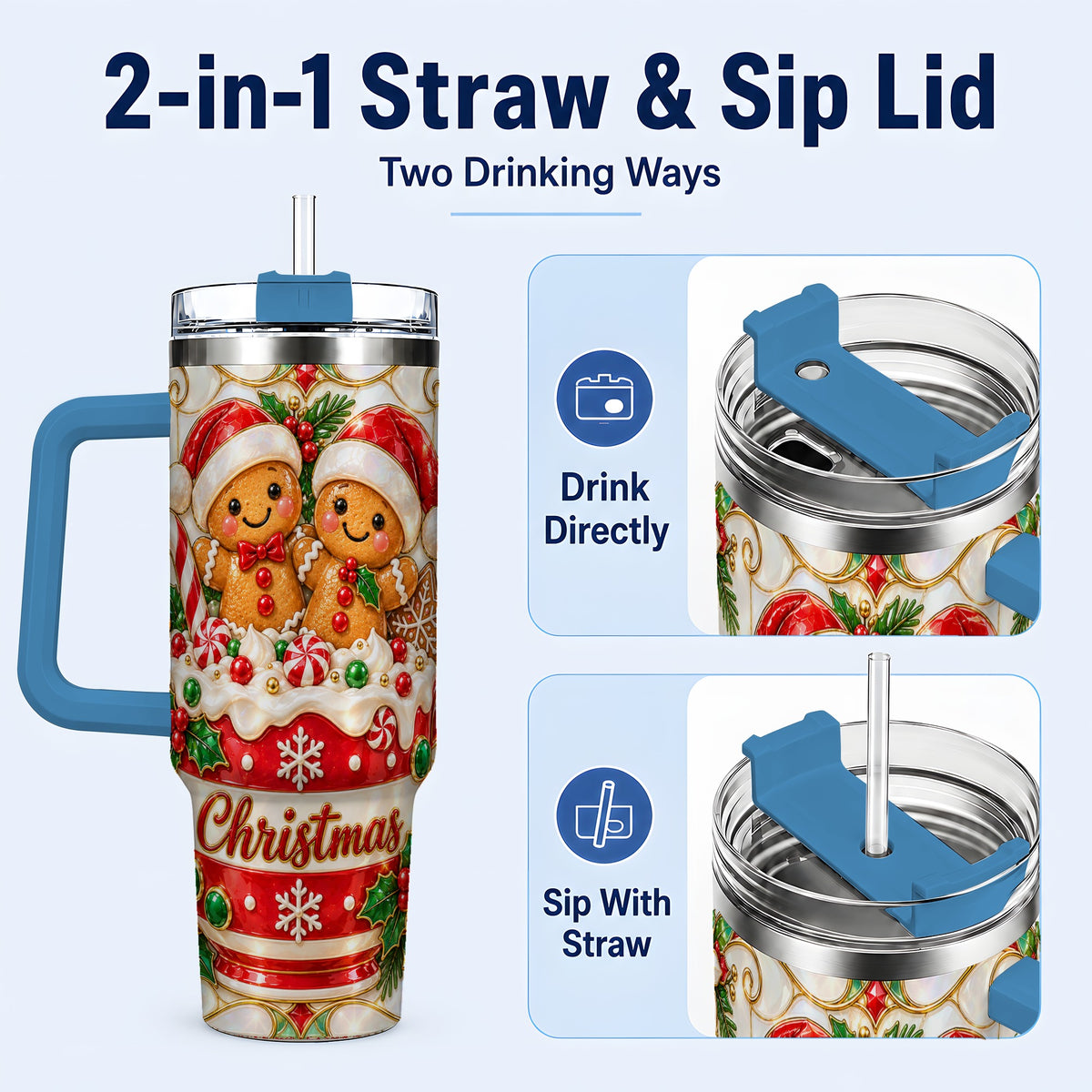 #pl[40oz|Blue] Gingerbread Couple 40oz Tumbler with Handle, Stained Glass Style Cup